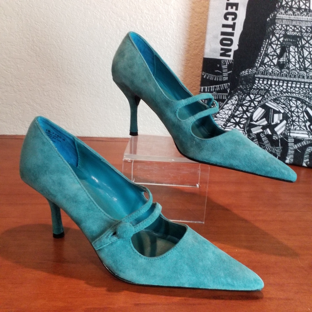 BIJOU TEAL POINTY SUEDE HEELS